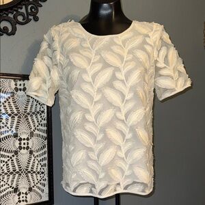Ann Taylor Ivory Leaf-Embossed Short Sleeve Blouse